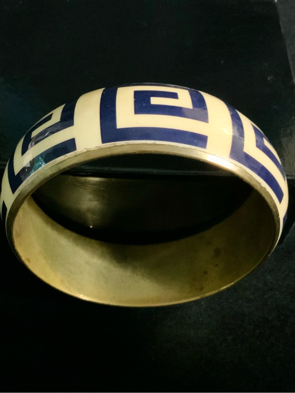 Vintage Greek Key Design Bangle Bracelet Brass India Blue & Cream Enamel